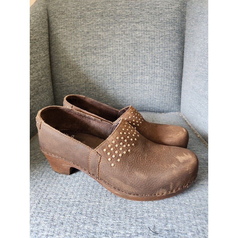 Dansko Mavis Brown Leather Studded Comfort Slip-on Wedge Clogs Size 39 US 8.5